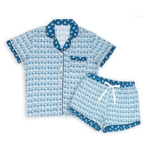 DEMDACO 2pc Pajama Set Short Sleeve Top & Shorts Mosaic Blue & White Sz Med NWT